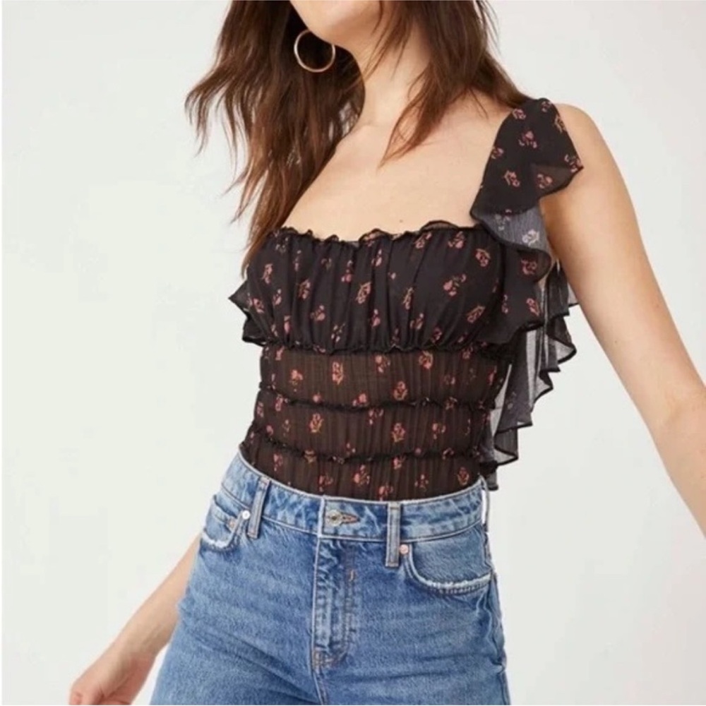 Free People Floral Ruffle Black Bodysuit